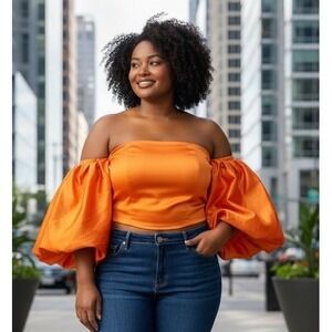 NWT Curverra Full Bloom Orange Top Plus Size 1X Off Shoulder Puff Sleeve